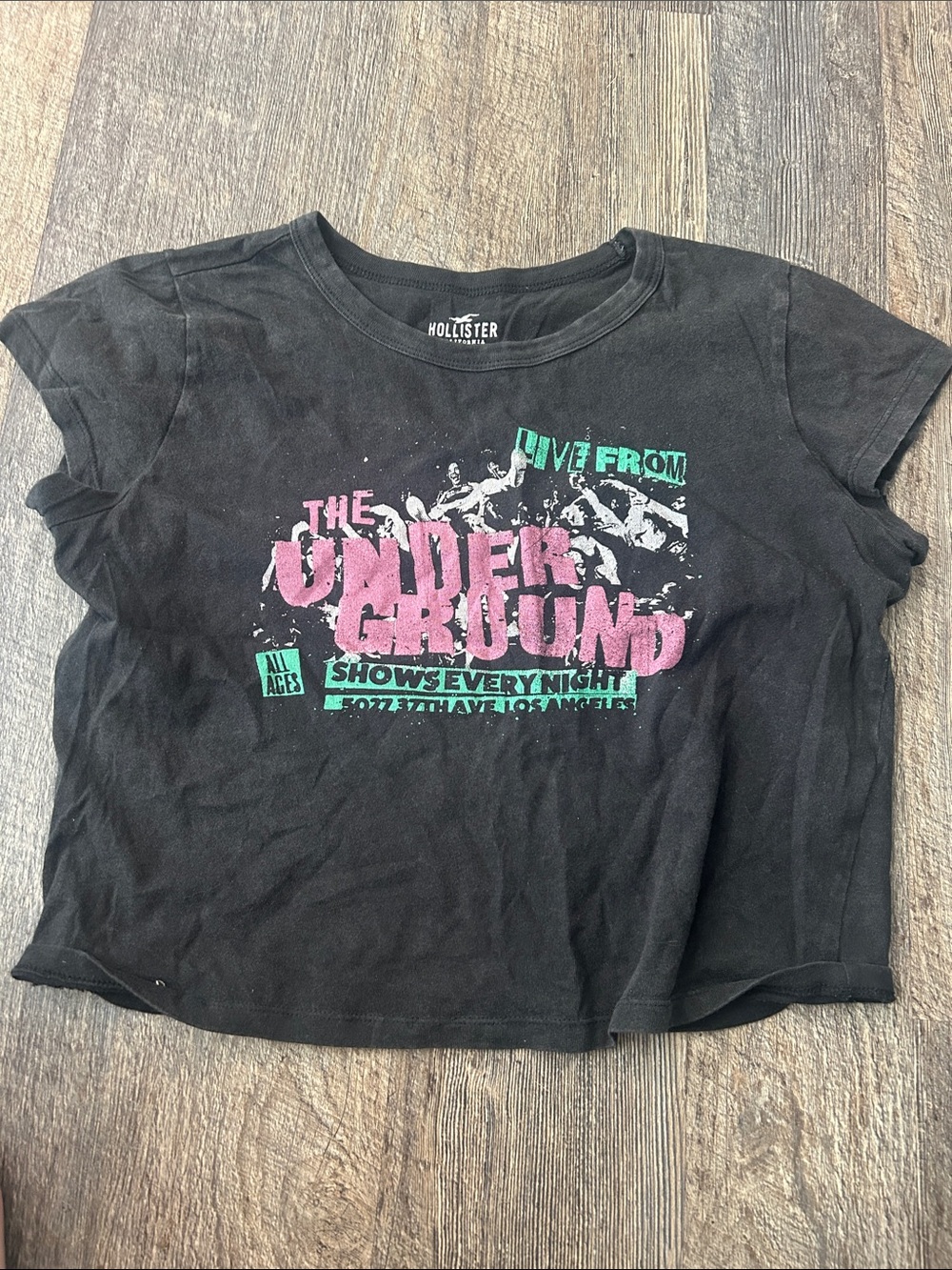 Hollister Black Tee with Pink & Teal Graphic